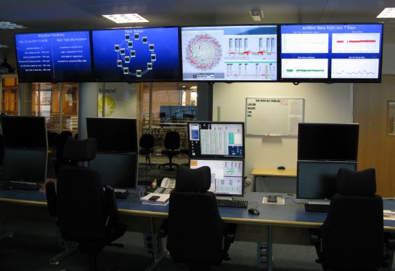 Kontrollrummet var ganska häftigt. På skärmarna ser man ringen där elektronerna far runt och i varje hörn (det är egentligen en 48-hörning) far det ut ljus när elektronerna tvingas svänga. Ljuset används för olika typer av forskning.